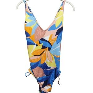 Kona Sol Orange Tropical Print Side Cinch Medium Coverage V Neck Swimsuit Size L